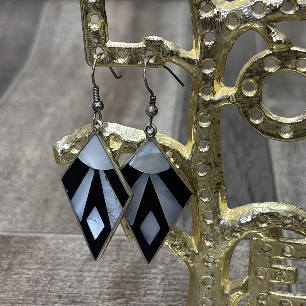 Vintage Mexico Alpaca Silver Black MOP Inlay Dangle Earrings Art Deco Style